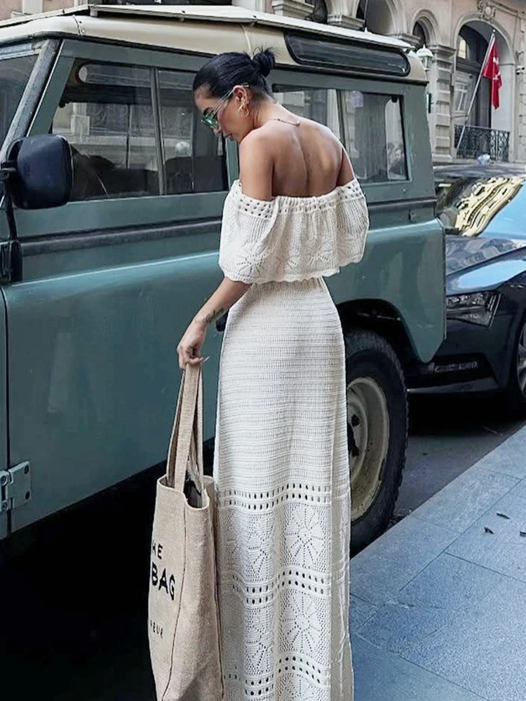 بوهو فستان منسوج مثير بلا أكمام مائل الرقبة فستان طويل المرأة نادي الحفلات عالية الشاطئ ماكسي فساتين امرأة Bodycon فستان كاجوال أنثى