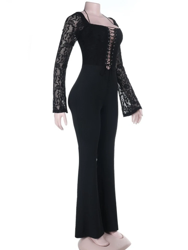 섹시한 블랙 레이스 패치워크 점프수트 여성 트렌디 홀터넥 긴팔 레이스업 속이 비치는 슬림 플레어 팬츠 원피스 오버올