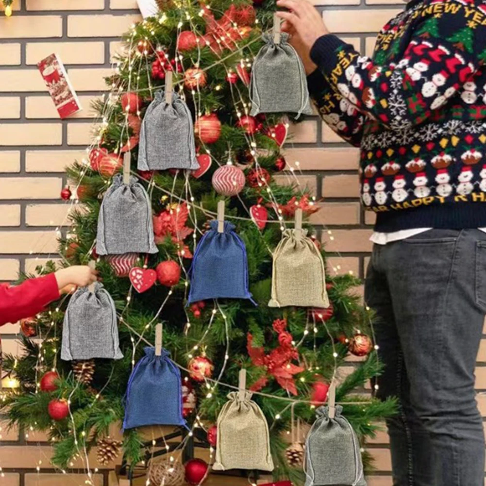 1 Set Weihnachten kommt in Leinenbeuteln Countdown-Kalender mit digitalen Aufklebern für DIY-Weihnachtsset Festliche Partyzubehör