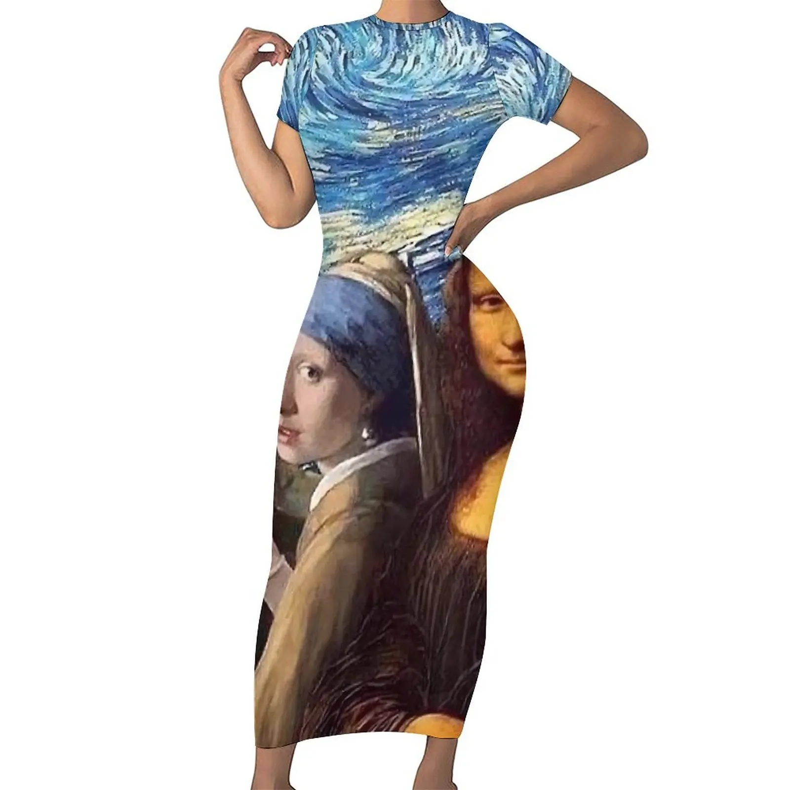 Van Gogh Bodycon Dress Ladies Mona Lisa Girl with A Pearl Earring Sexy Maxi Dresses Summer Short Sleeve Fashion Oversized Dress