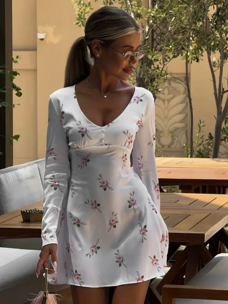 Fantoye Satin Sexy Deep V-neck Print Floral Women Dress White Long Sleeve Single Breasted Dress Summer Holiday Casual Streetwear