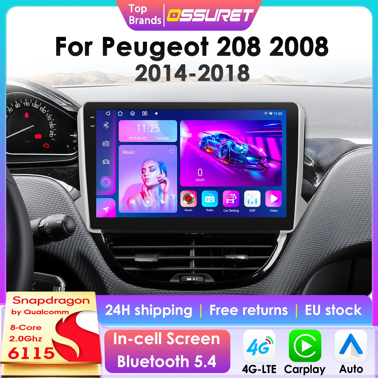 10.1 "Qualcomm 6115 Android 14 autoradio pour Peugeot 208 2008 2014 - 2018 sans fil CarPlay Android Auto 4G BT GPS DSP 360 caméra
