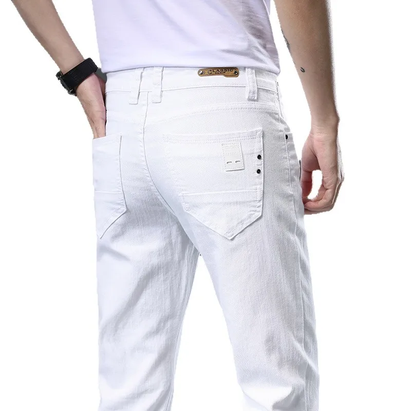 Classic pure white men's casual slim jeans with multiple colors available, fashionable and versatile