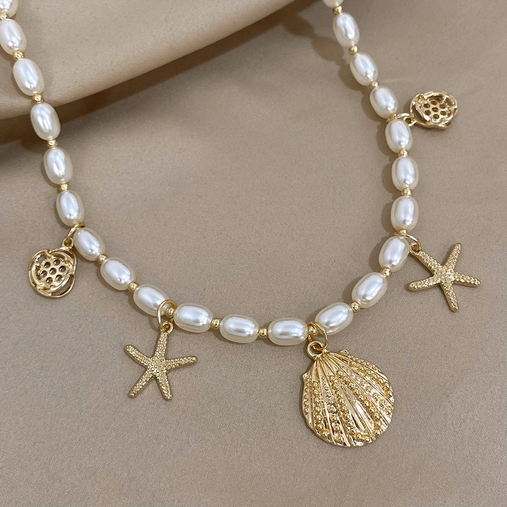 Greatera Trendy Starfish Shell Charms Imitation Pearl Chain Choker Necklaces for Women Statement Party Jewelry Gifts