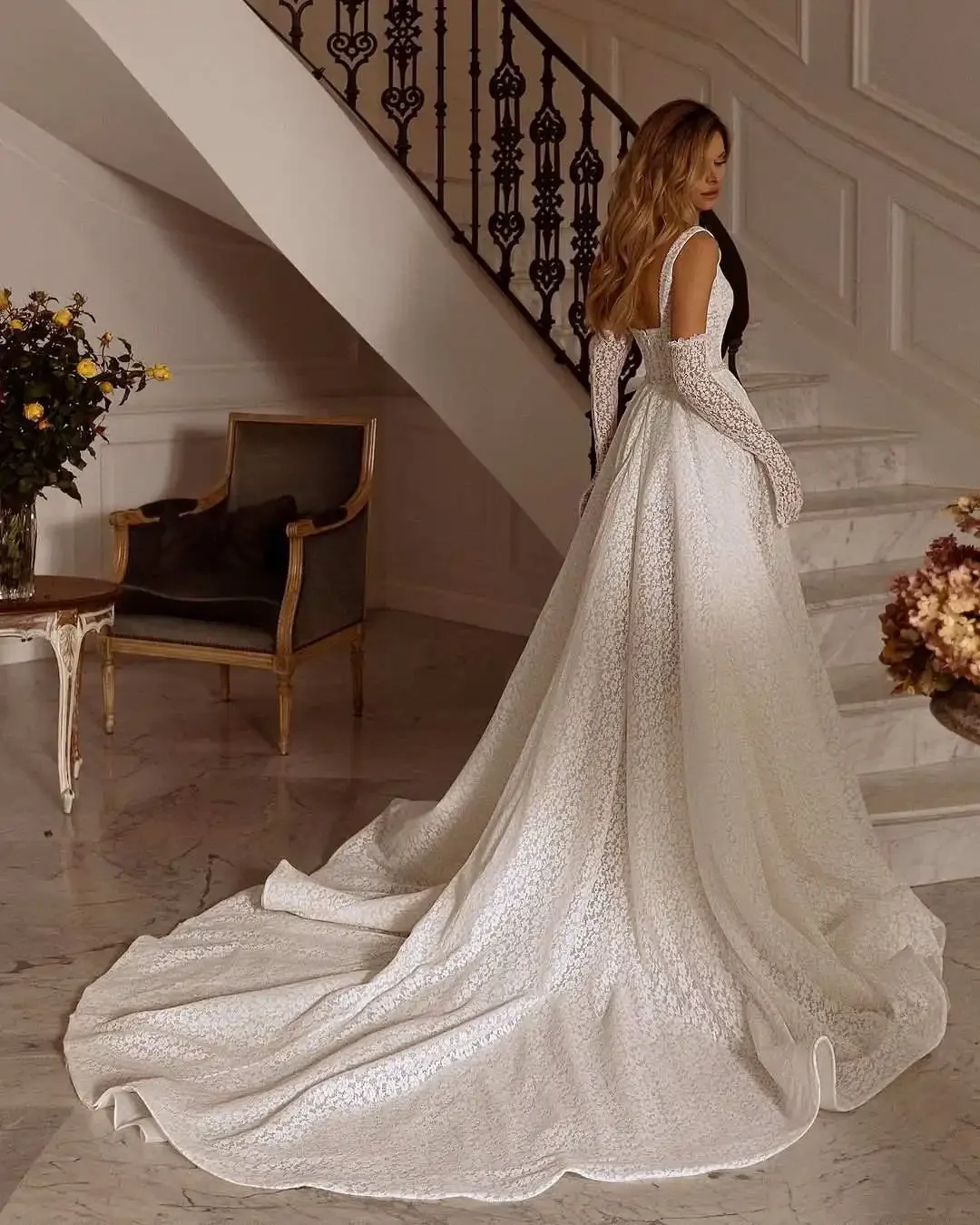 Customized Colour Elegant A-Line Gown Wedding Dresses Floral Print Lace Square Collar Bridal Gowns Vestidos De Novia