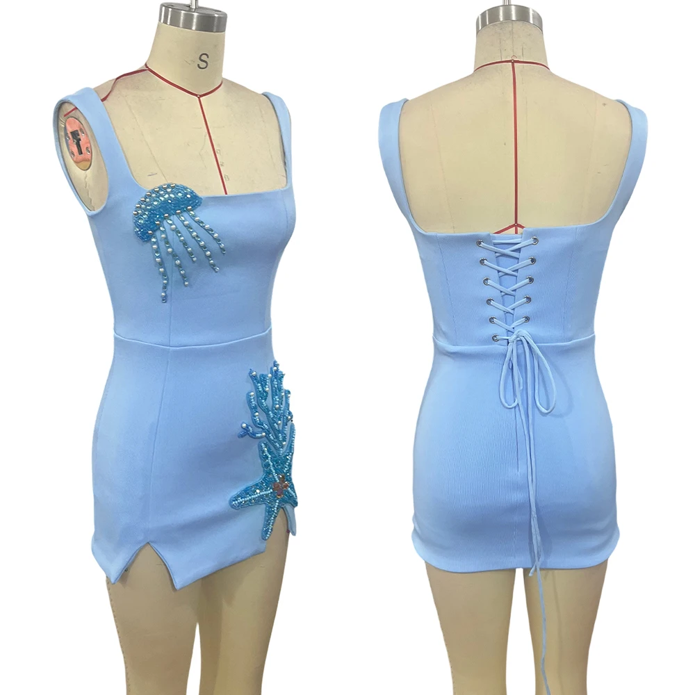 Luxurious Fashionable Elegant Ocean Theme Light Blue Mini Dress Beaded Starfish Corset Back Dresses For Formal Dinner Party