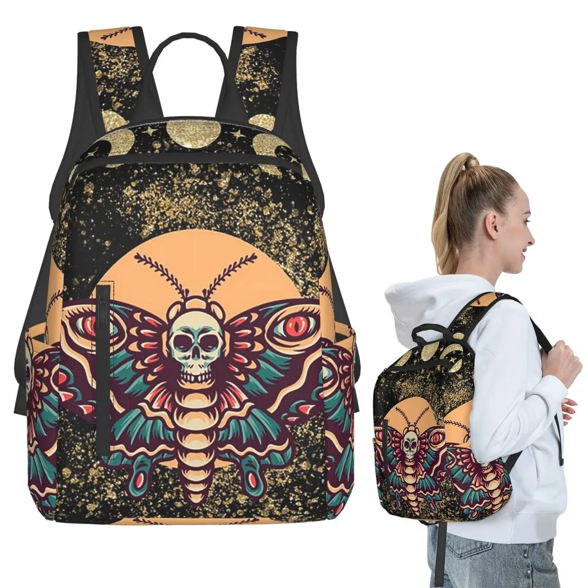 

Gothic Moth And Skull Starry Night Backpack Student BookBag Children School Bag Laptop Shoulder Bags Men Women