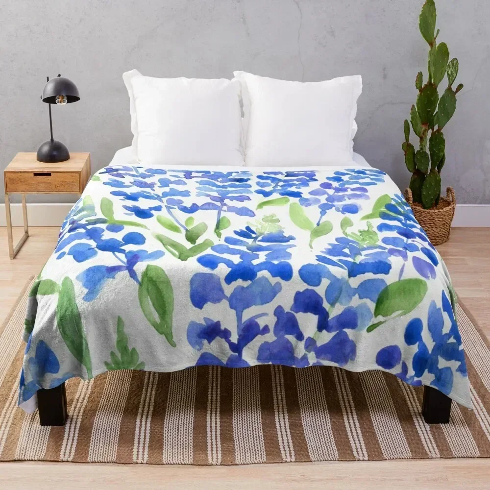 Watercolor Texas bluebells Throw Blanket Easy Care Comfortable Blanket for Couch