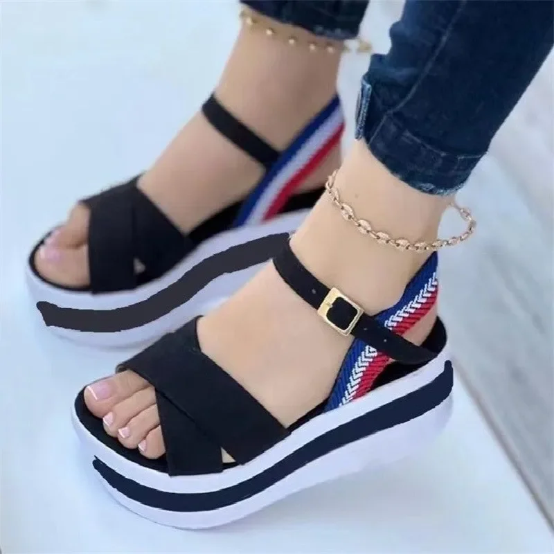 Summer New Fashion Soft Platform Women's Sexy Casual Round Toe Luxury Sandals Large Size Thick Sole Buckle Zapatos Mujer