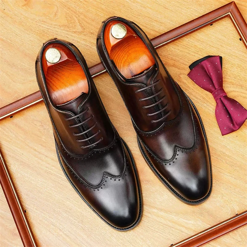 

Lace Up Dress Shoes Men's Genuine Leather Round Toe Oxfords Formal 4cm Heel Lace Up Charm Wedding Shoes Bride Handmade