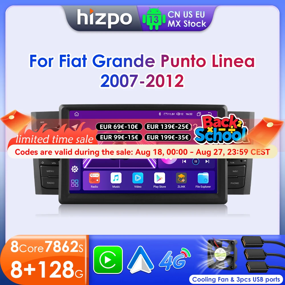 Hizpo Octa Core 7862 7 Radio per auto per FIAT Grande Punto Linea 2007-2012 Lettore video multimediale Android Navi Stereo GPS Carplay
