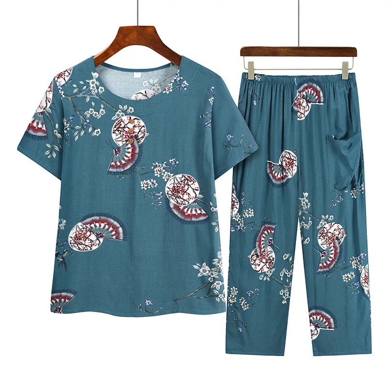 Middle Aged Mother Pajama Set Summer Women's Suit Short Sleeve Sleepwear T-shirt Calf-length Trousers Sets Pyjama Pour Femme