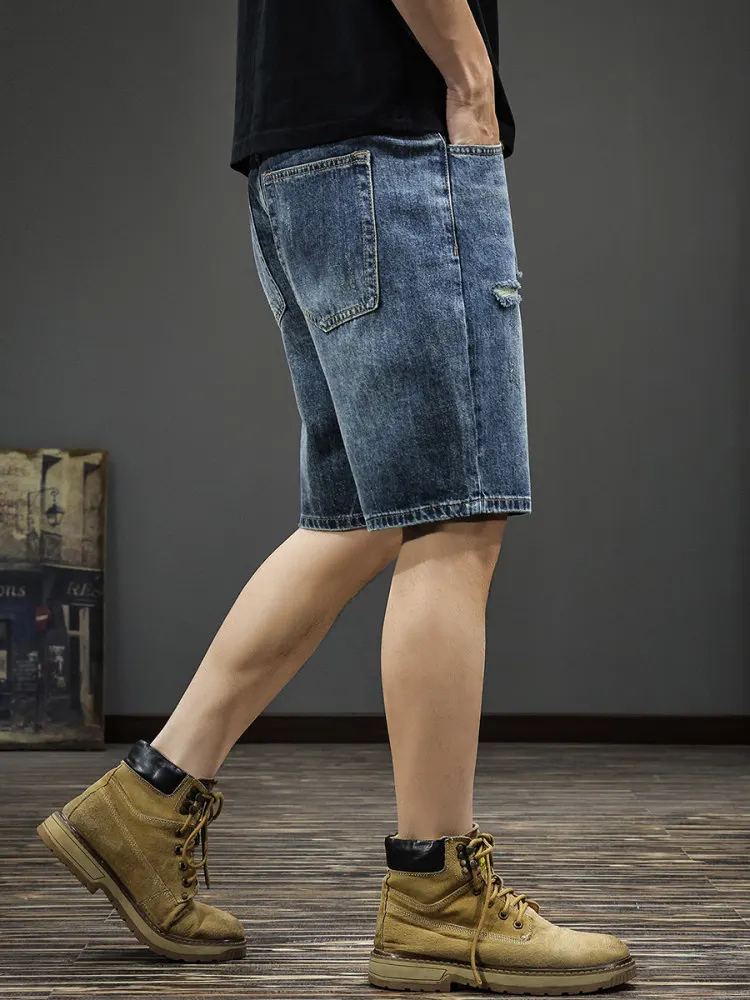 American Style Vintage Ripped Denim Shorts Men's New Summer Trendy Loose Casual Straight Five-Point Pants Youth Zipper Closure