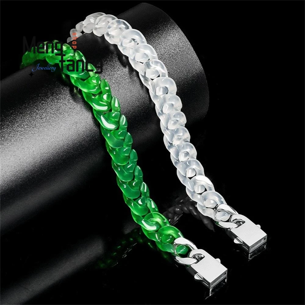 Natural Chalcedony Agate Cuban Chain Bracelet Titanium Steel Chain Ice Jade Hip-hop Style Personality Trend Couple Fine Jewelry