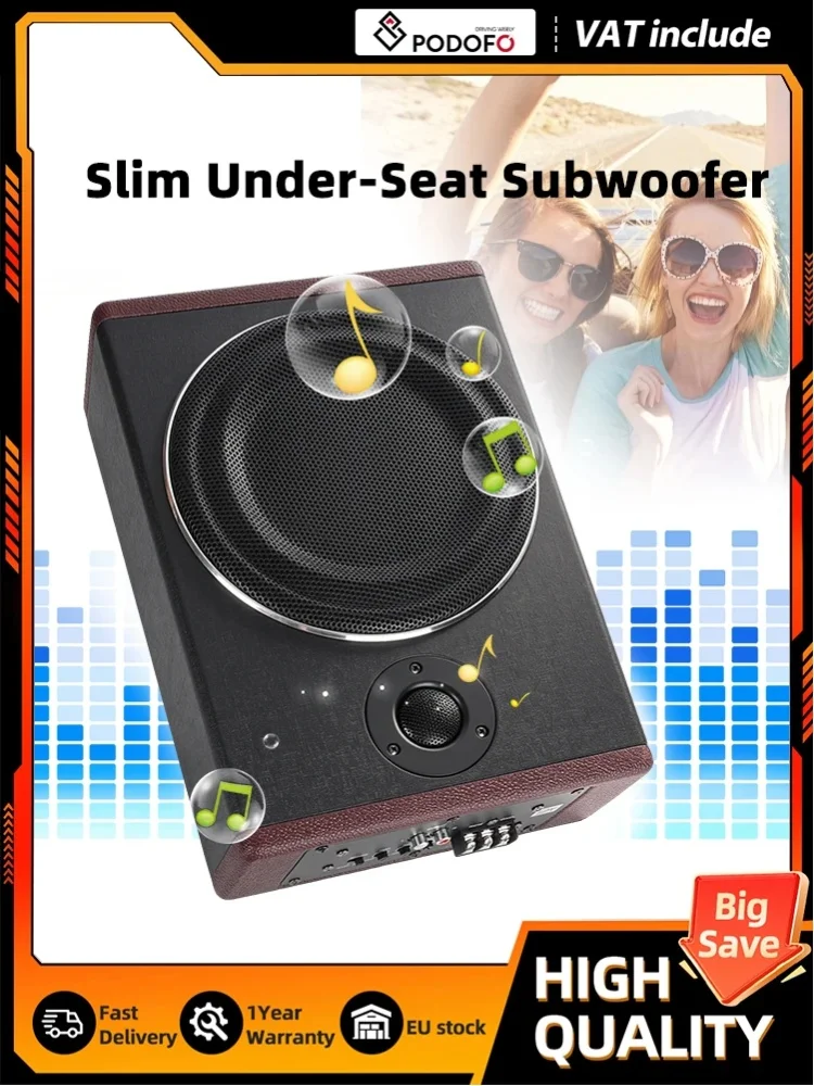 Podofo 8 Zoll Schlanker Aktiver Auto-Subwoofer Kompaktes Subwoofer-Gehäuse für unter den Sitz mit eingebautem Verstärker und Lautsprecher mit Audiokabel
