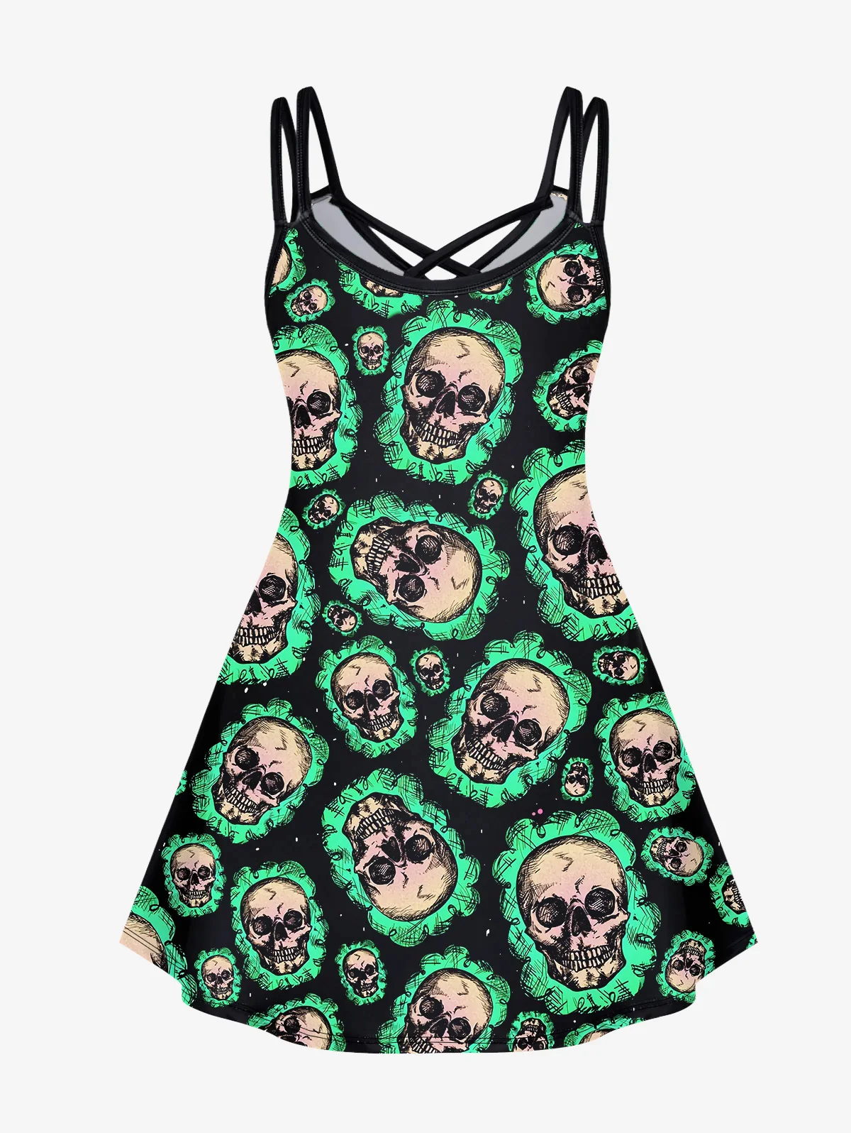 Plus Size Gothic Skull Printed Crisscross Cami Dress Women Summer Halloween Spaghetti Strap Sleeveless Midi Dresses Vestidos 6X