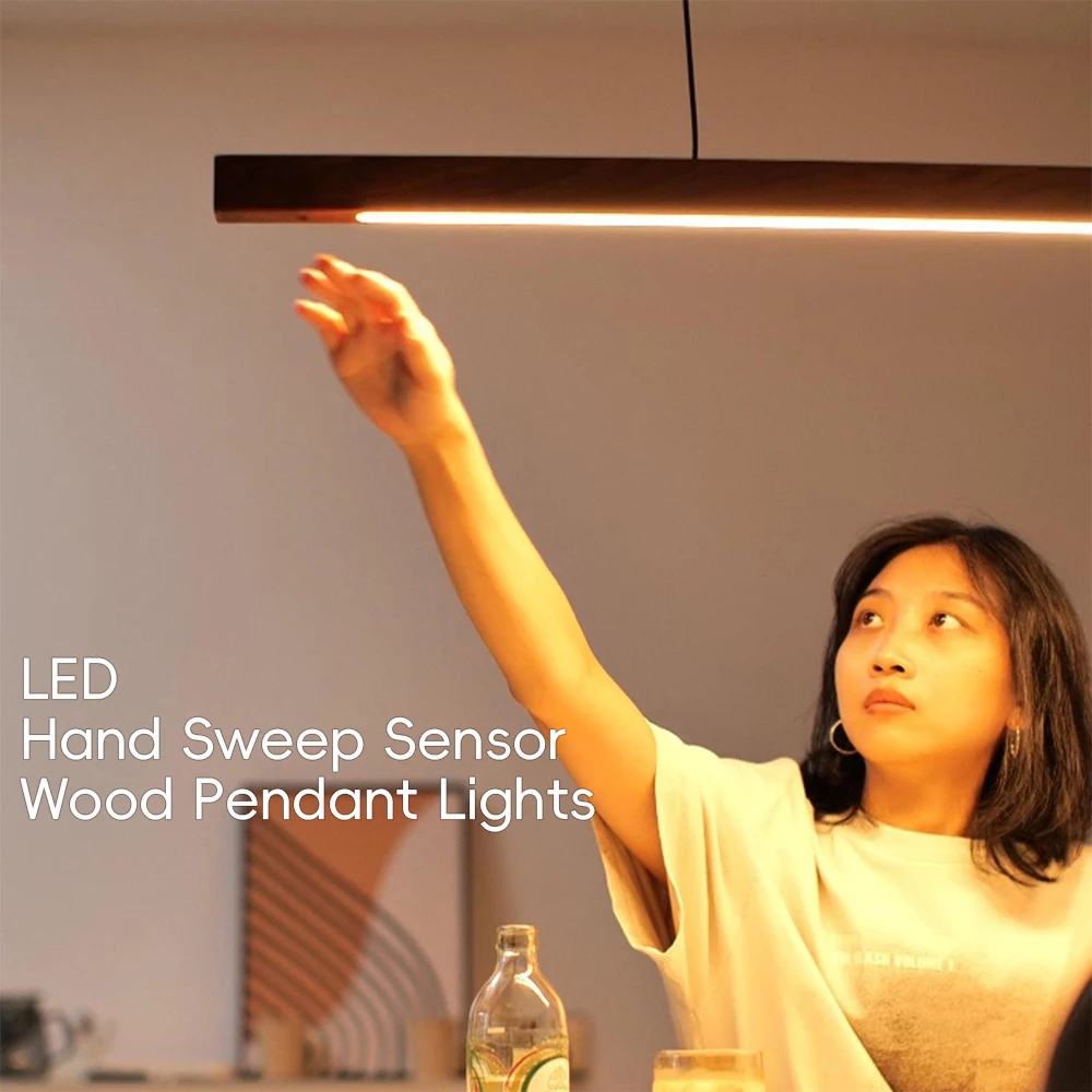 

Wooden Pendant Lamp LED Hand Sweep Sensor Pendant Lights Wood Lamp Hand Sweep Control Linear Lights for Kitchen Island Dining