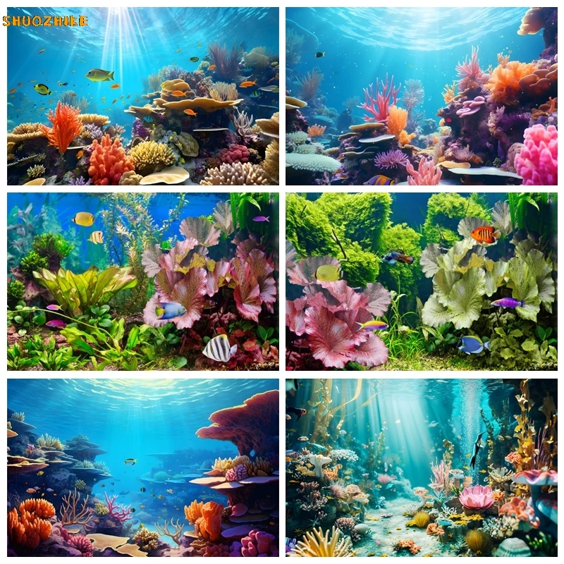 Under Sea Seabed World Photography Backdrop Underwater Marine Coral Fishes Seaweed Aquarium Baby Portrait Photo Background Props