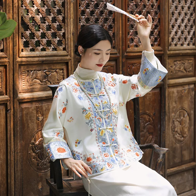 High-end Spring Autumn Women Top Retro Embroidery Flowers Elegant Lady Loose China New Year Coat S-XXL