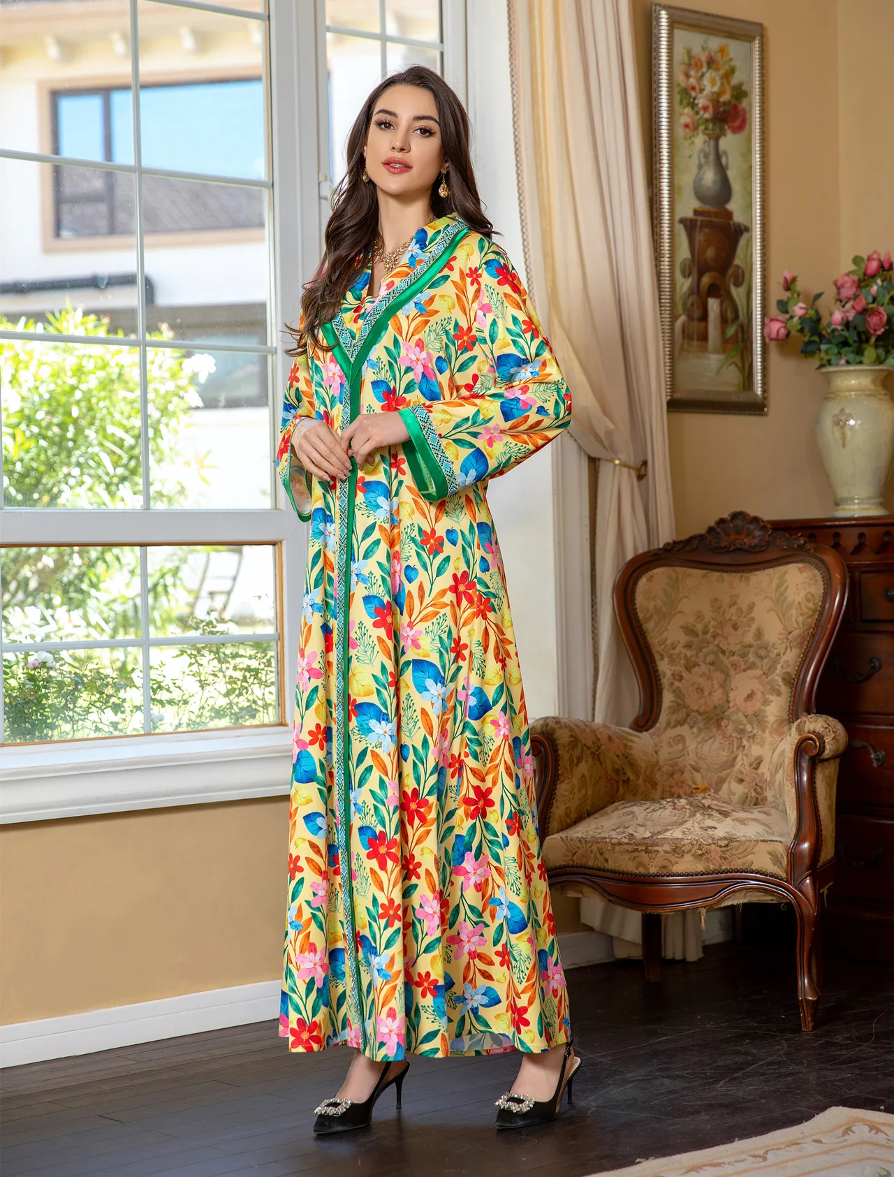 Uni Ramadan Muslim Women Floral Dresses Tape Trim Saudi African Ethnic Abayas Jalabiyat Moroccan Kaftan Islamic Clothing