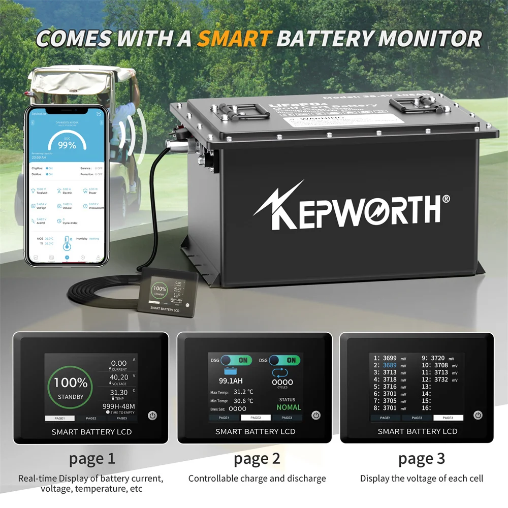 KEPWORTH 36V 105Ah Lithium Battery for Golf Cart with 200A BMS Smart Monitor Grade a Lithium Iron Phosphate Cells