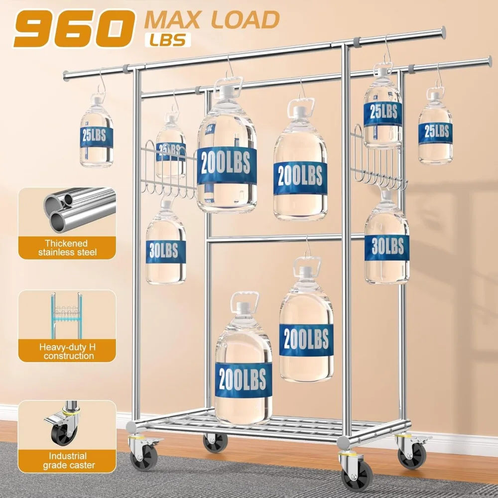 رف ملابس قابل للتمديد شديد التحمل من الفولاذ المقاوم للصدأ مع ثلاثة قضبان تعليق بسعة تحميل 960 رطل