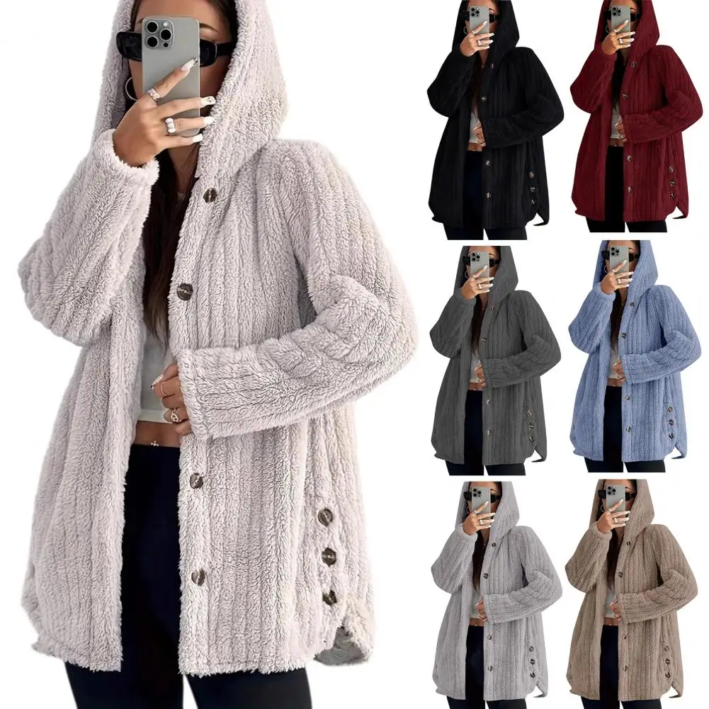 2026 Winter Women's Plush Hooded Coat Button Cardigan Long Warm Pit Strip Fashion Street Jacket For Female Outerwear