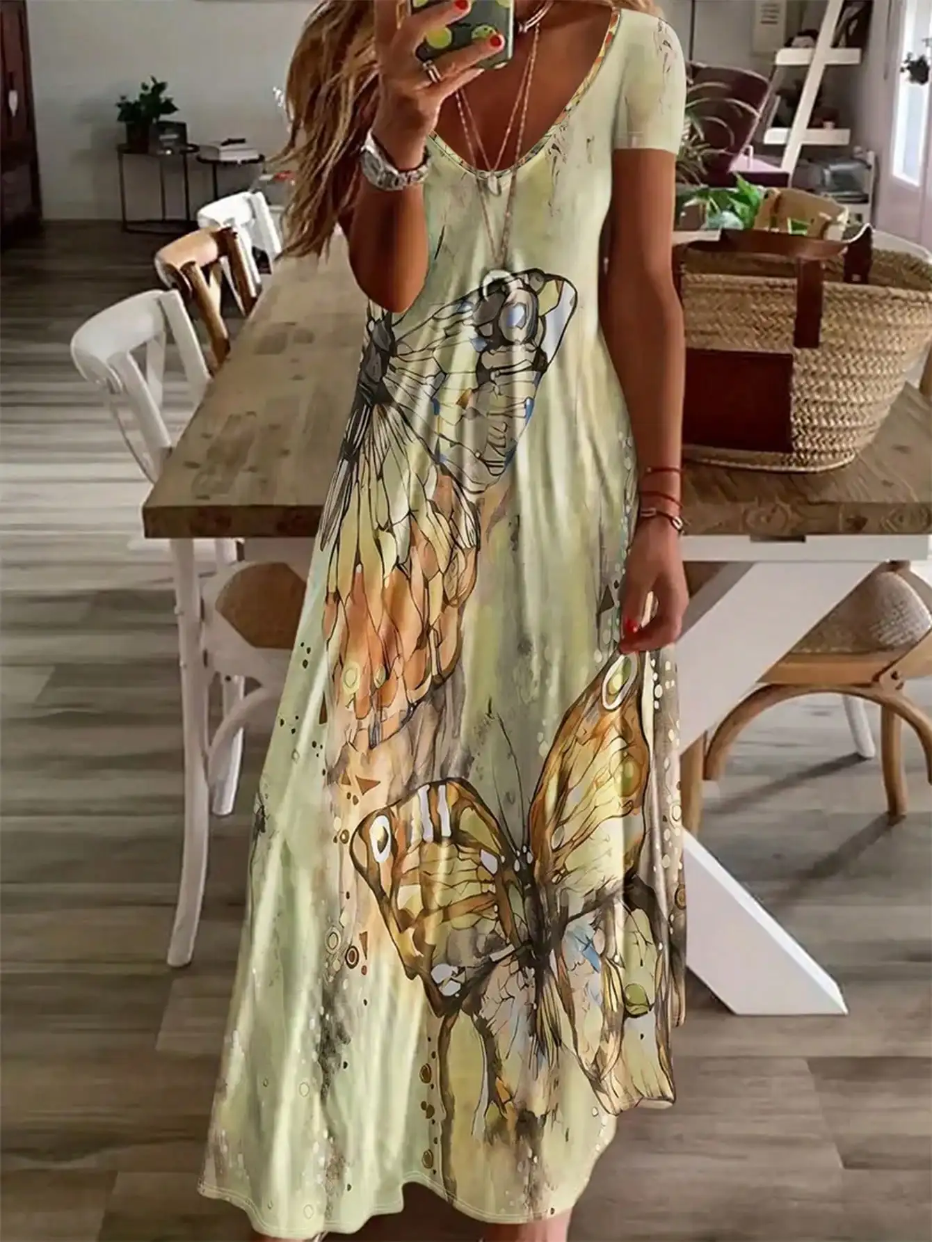 

Butterfly printed chiffon dress! V-neck short sleeves ankle-length Bohemian holiday dress