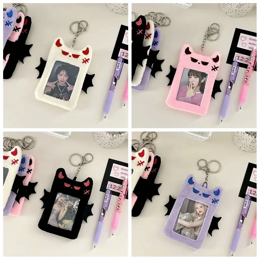 Bat Demon Cartoon Plush Photocard Holder Transparent Korean Style Cartoon Card Cover Protective Case with Keychain Pendant
