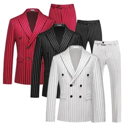 Fashion Men Double Breasted Striped Suit 2 Piece Black / Wine Red Homme Business Social Wedding Party Blazers and Trousers
