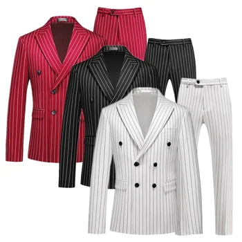 Fashion Men Double Breasted Striped Suit 2 Piece Black / Wine Red Homme Business Social Wedding Party Blazers and Trousers