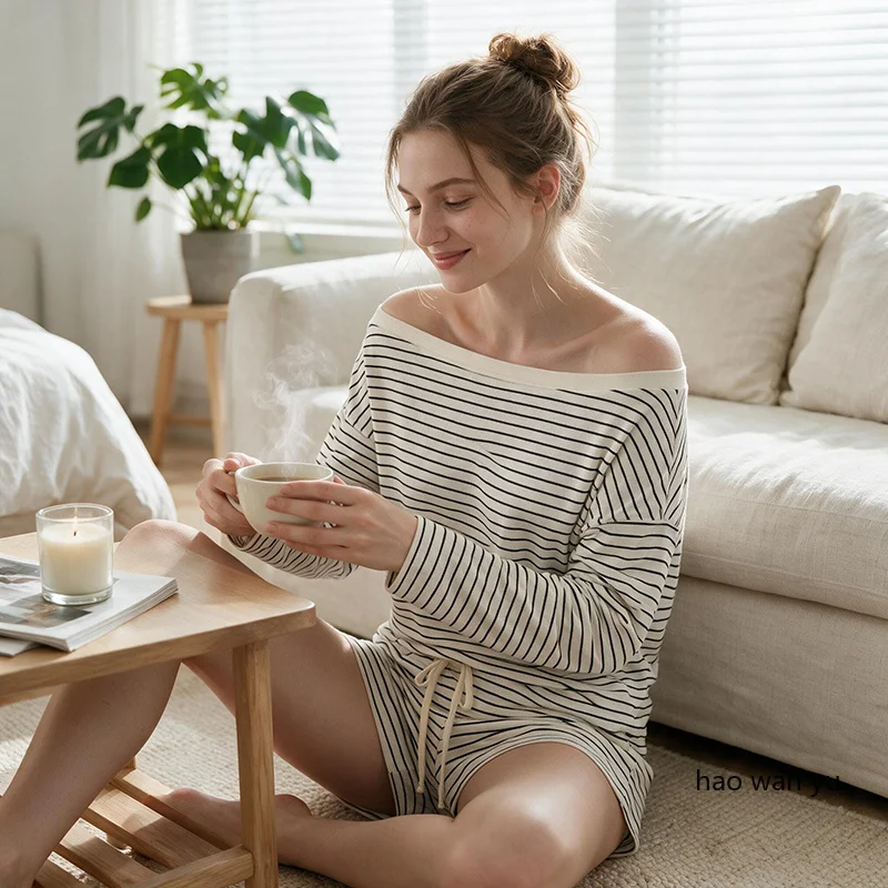 New 2027 Korean Style Long-Sleeved Pajamas with Black and White Stripes and Off-the-Shoulder Shorts for Women Homewear Sleepwear