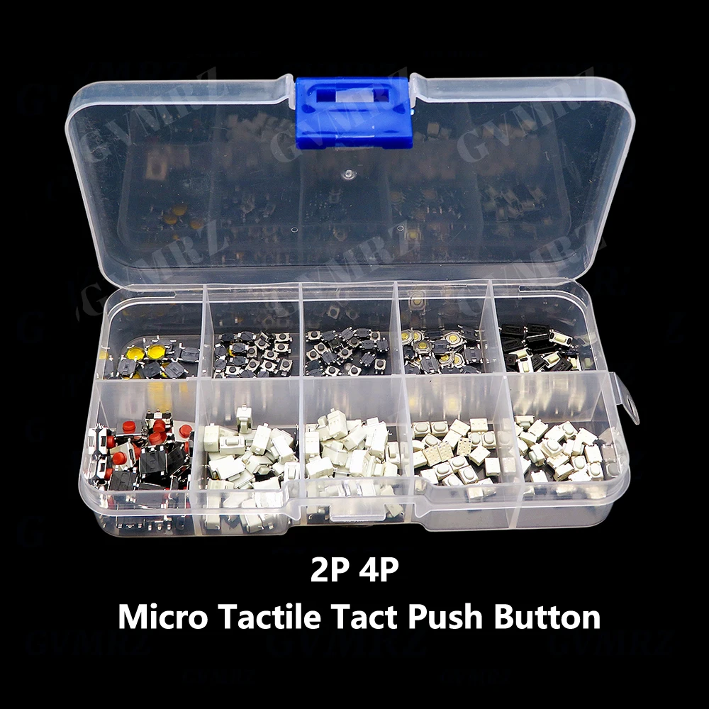 250Pcs Micro Tactile Tact Push Button Switch Assorted Kit 2P 4 Pin SMD PCB Momentary Self-reset Car Remote Control Switch Repair