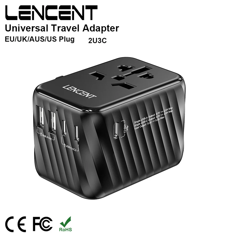 LENCENT uniwersalny Adapter podróżny z 2 portami USB 3 typ C szybkie ładowanie All-in-one zasilacz EU/UK/USA/AUS wtyczka do podróży