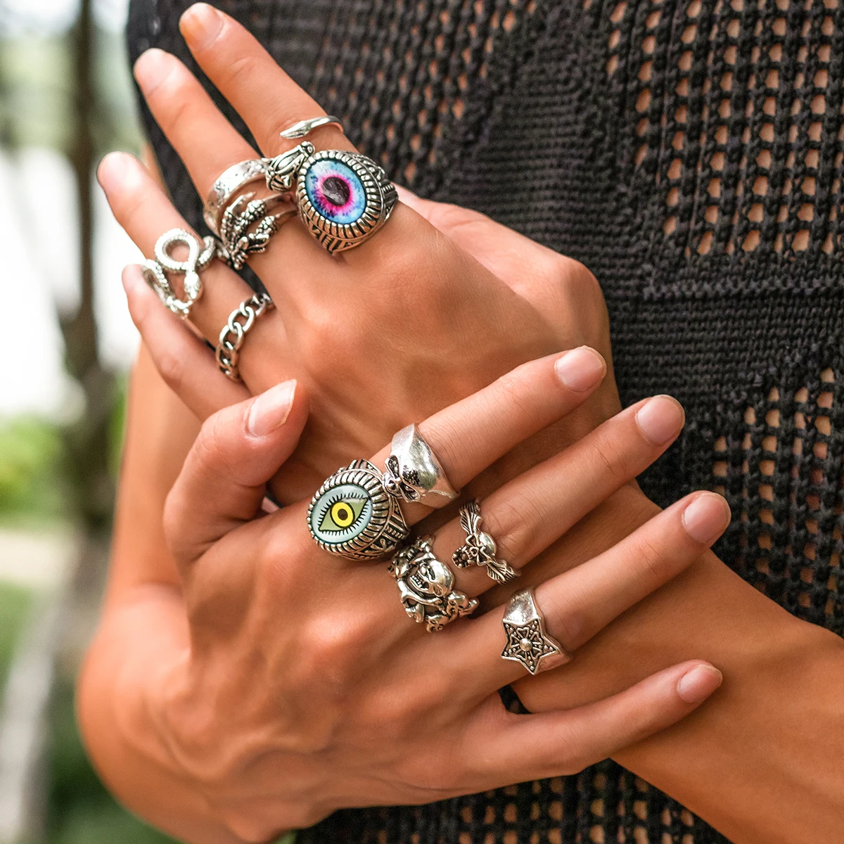 KunJoe Goth 11pcs/set Animal Shape Adjustable Rings For Men Punk Silver Color Geometric Hip Rock Finger Rings Bar Night Club
