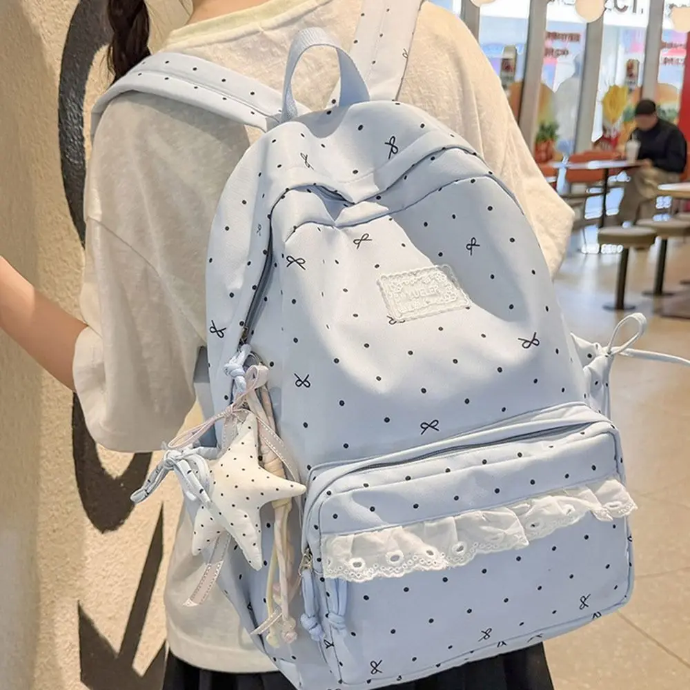 Large Capacity Campus Backpack Bowknot Polka Dot Commute Backpack Soft Nylon Material High Aesthetic Value Lace Floral Backpack
