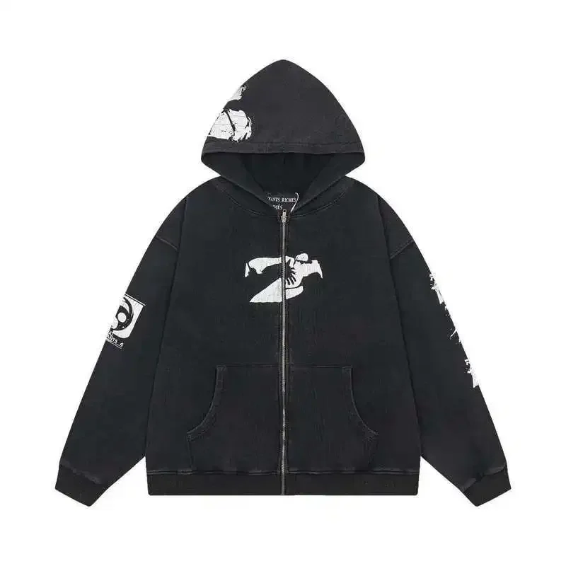 

2025 ERD Melancholy Richie Rich New Loose Fit Washed and Aged Crackle Print Hooded Zipper Sweatshirt Jacket