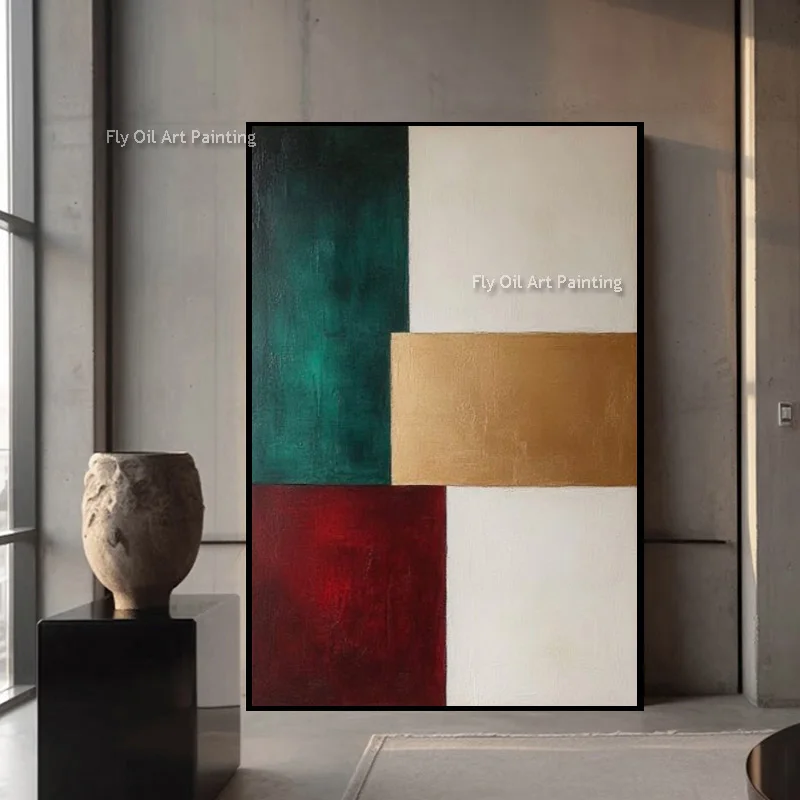 Hand Painted Geometric Block Oil Painting, Emerald Red Gold Textured Canvas Art, Modern Vertical Minimal Wall Decor