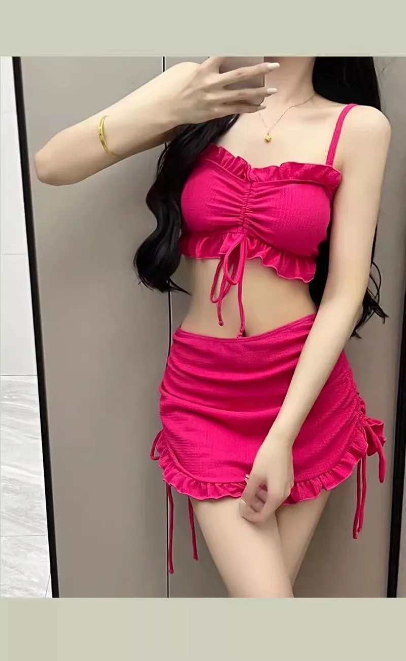 Conjuntos de bikinis halter acanalados de moda coreana sexy, traje de baño de tres piezas con lazo y cordón y minifalda, traje de baño acolchado, biquini