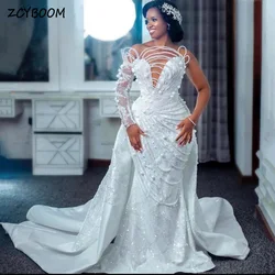 Vestido de novia blanco de un solo hombro con lentejuelas y perlas personalizado, vestido de novia de cola de barrido desmontable hasta el suelo con cuentas de sirena 2024