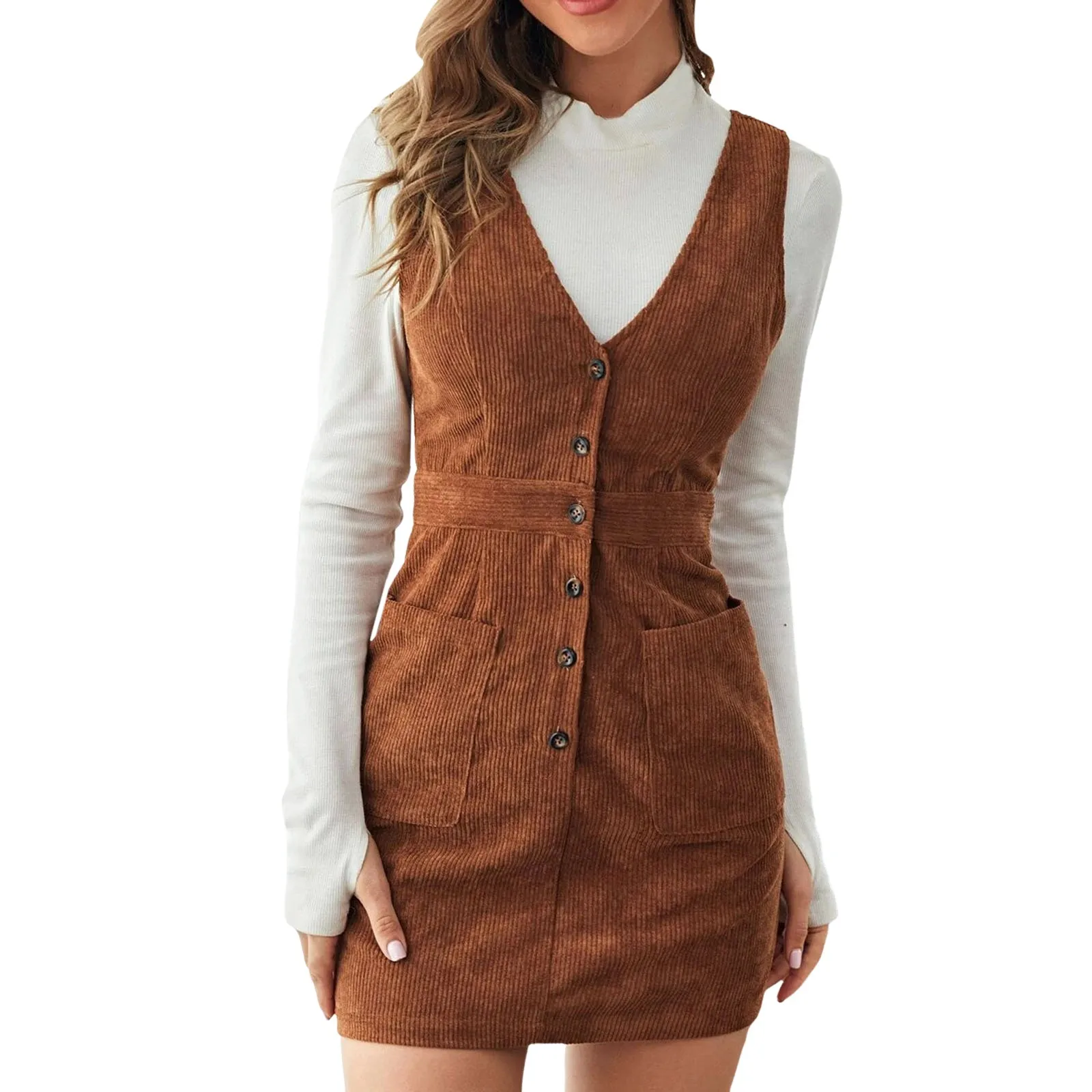 V Neck Sleeveless Corduroy Button Mini Pinafore Dress Slim Fit Solid Color Casual Overall Dresses Women Elegant Vest Dress