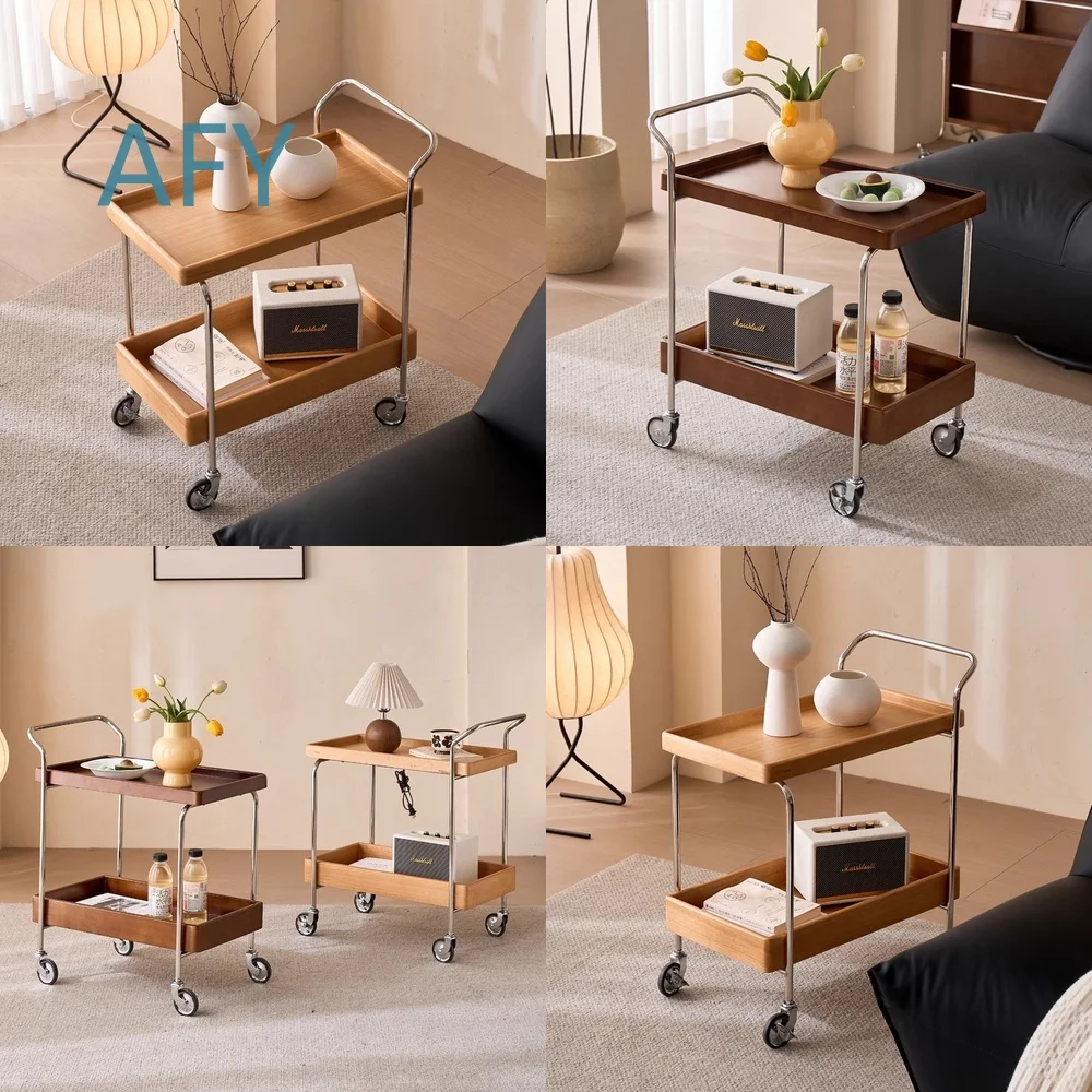 Stainless Steel Double Layer Wooden Edge Rolling Trolley for Home Living Room Storage Rack Minimalist Mobile Cart for Small