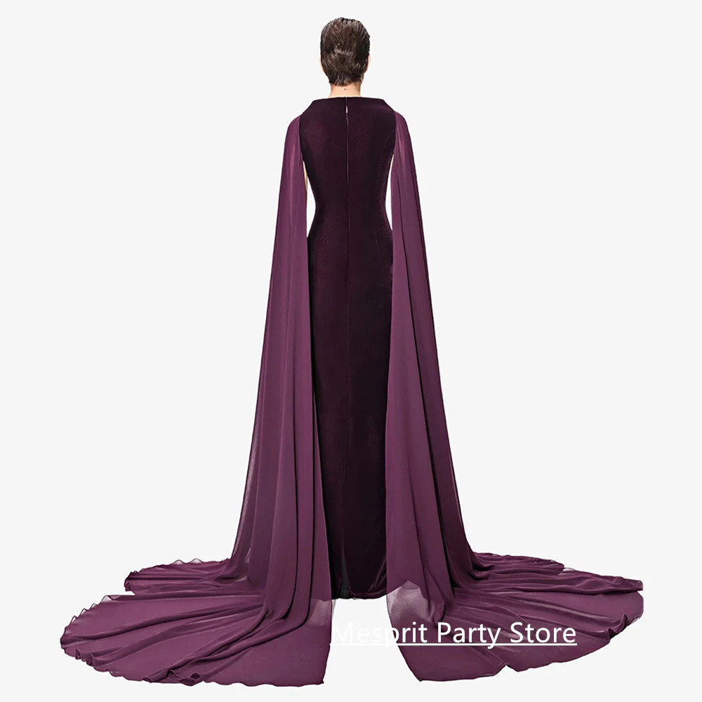 فستان حفلة موسيقية أرجواني ساحر مخصص برقبة سكوب شيفون كيب مطرز بالريش طول الأرض فستان سهرة عربي للحفلات #2