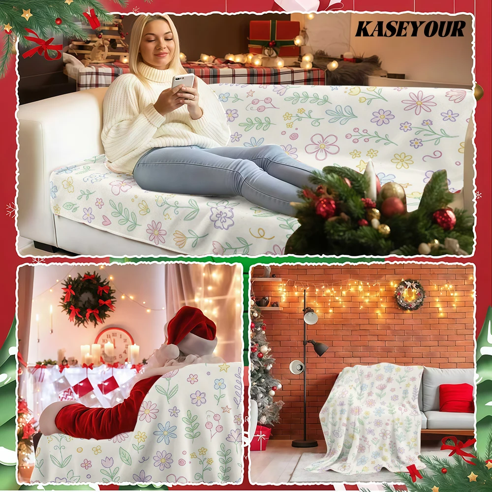 Cream Colorful Simple Line Wildflower Flannel Blanket Soft Fuzzy Plush Cozy Warm Throw for Sofa Bed Couch Home Decor