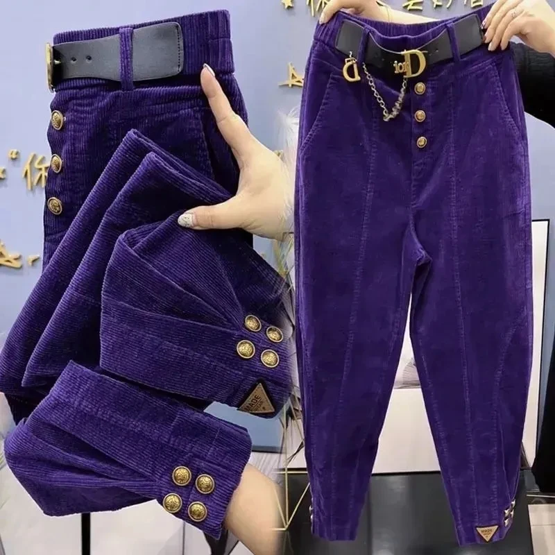 2023 autunno inverno coreano tinta unita spessa calda pantaloni di velluto a coste donne allentate Casual essere All-Match Bundle Foot Ladies Harem Pants