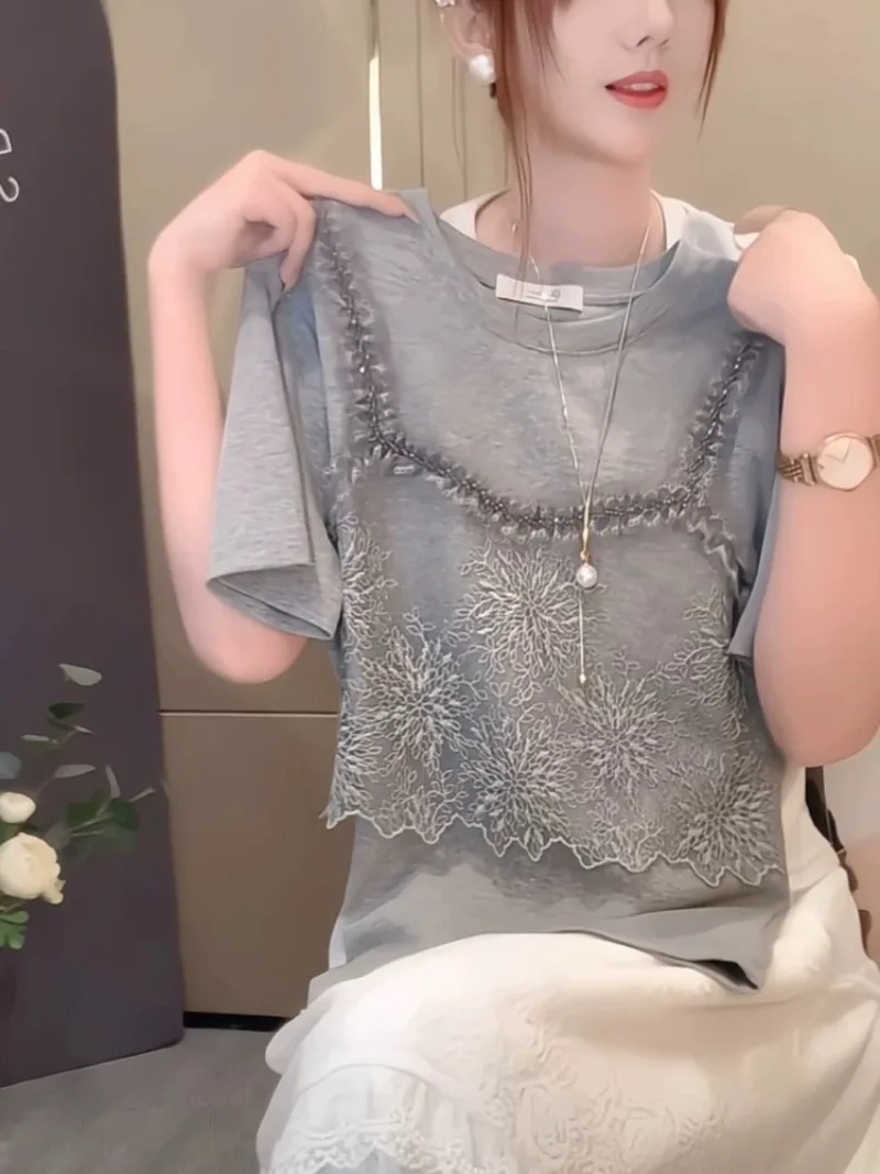 Summer New Retro Lace Fashion Women's Blouse High End Casual Slim Short Sleeved O-neck Fake Two-piece Solid Color Elegant Top