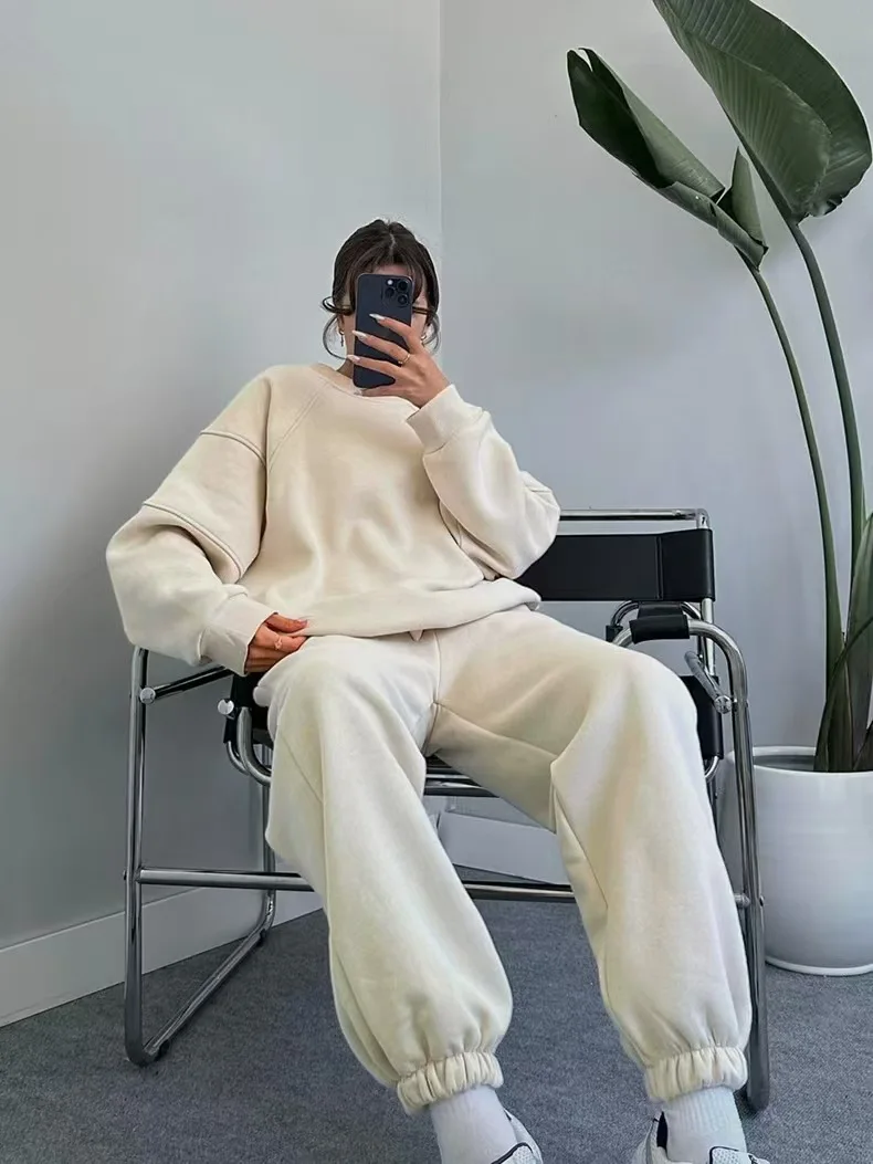 

Tracksuit Two Pieces Hooded Long Sleeve Women O Neck Sweatshirts Solid Hoodies Pockets Pencil Pants Ankle Length Casual