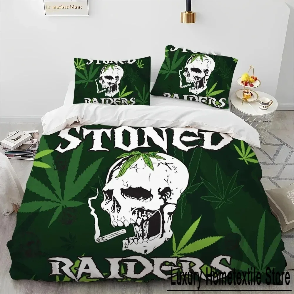 Maple Weed Plant Green Death Skull Smoke Bedding Set Duvet Cover Bed Set Quilt Cover Pillowcase Comforter king Queen Size