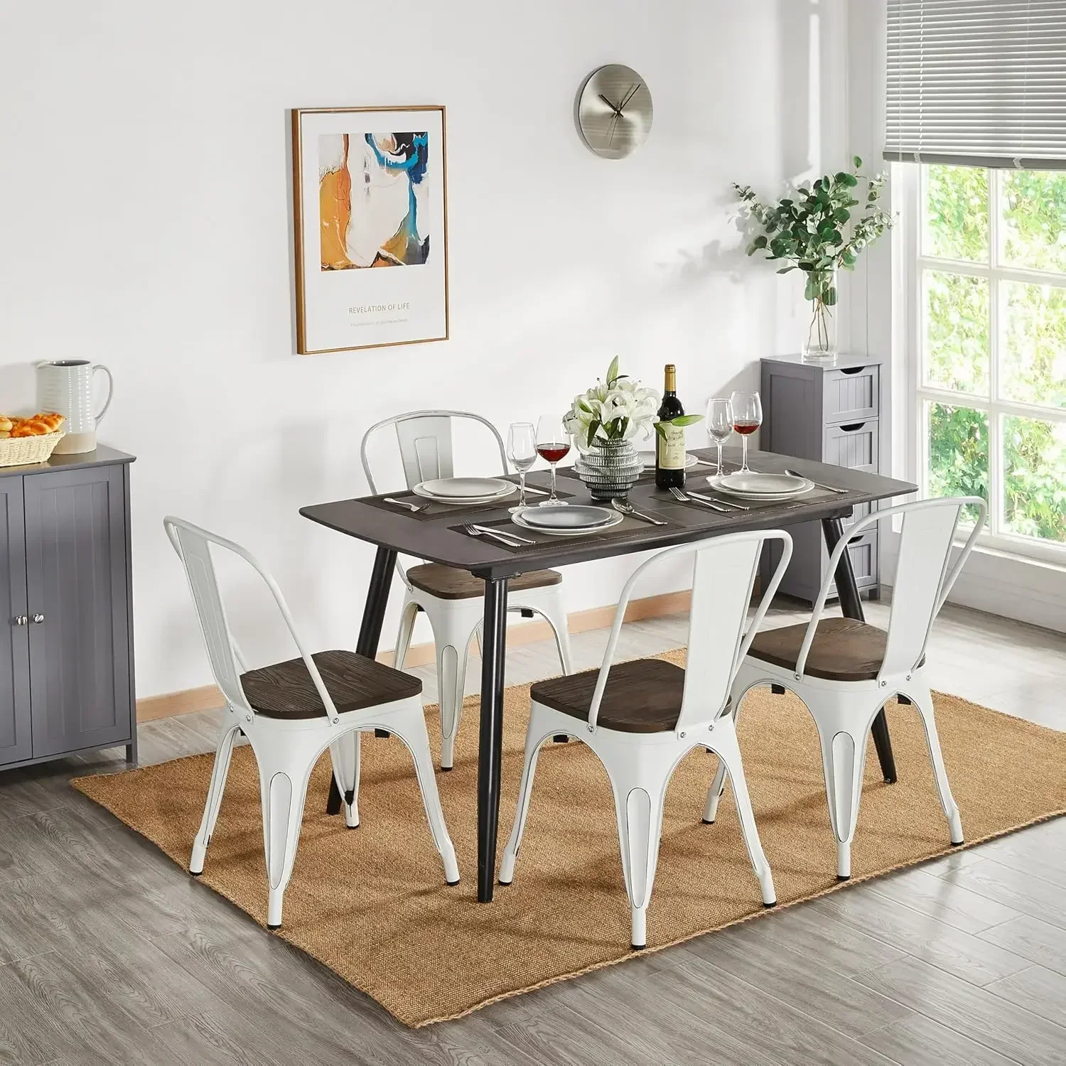 18 Inch Classic Iron Metal Dining Chair with Wood Top/Seat Indoor-Outdoor Use Chic Bistro Cafe Side Barstool Bar Chair Distresse