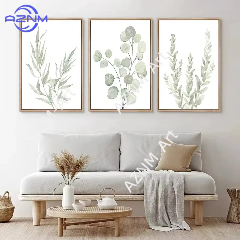 1 Stück, nordische Salbeigrüne Pflanzen-Wandkunst, Poster, minimalistische Eukalyptusblätter, Aquarell-Leinwandgemälde, Drucke, Bilder für Zimmer und Zuhause